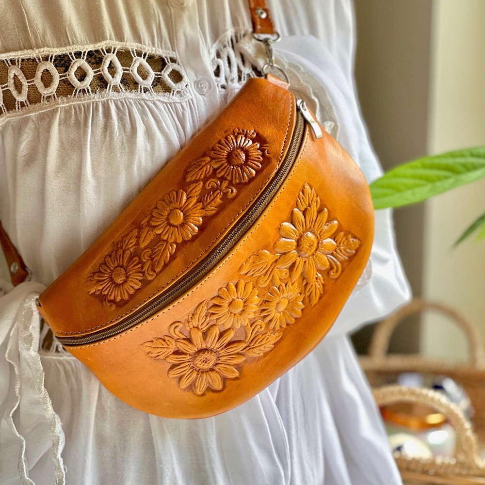 Sunflower Embossed Leather Chest Bag / Fanny / Crossbody Bag